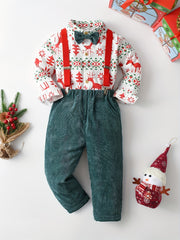 Boy's Christmas 2pcs Bow Tie Shirt & Corduroy Overalls Set Elk Print