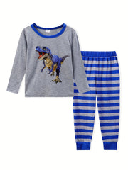 2pcs Toddler Pajama Set Long Sleeve Top & Stripe Pants Boy's Loungewear