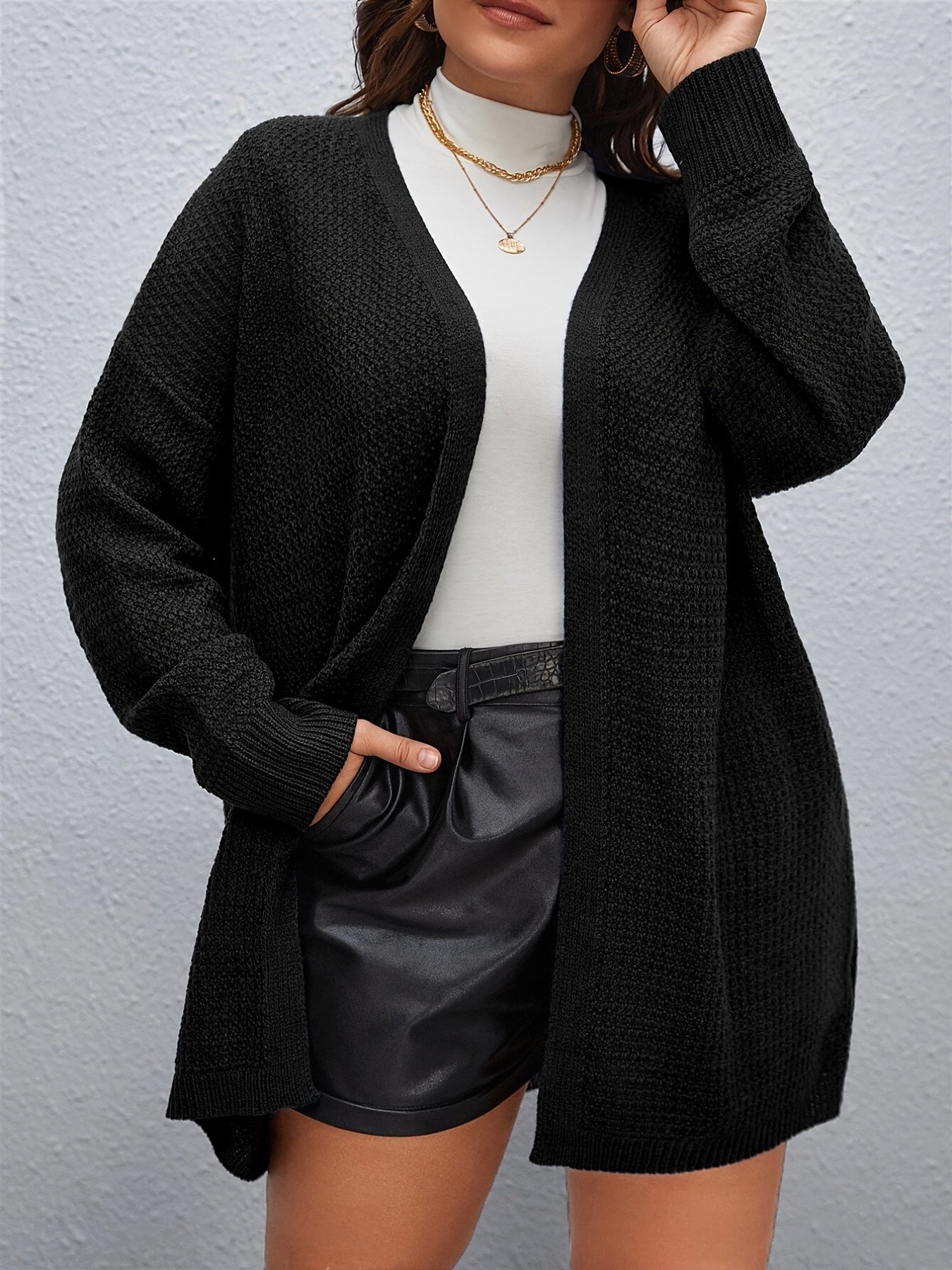 Solid Knit Long Cardigan Women's Plus High Stretch Casual Knitwear