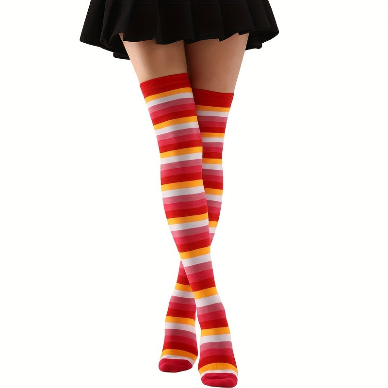 4 Pairs Striped Thigh High Socks Colorblock Over The Knee Socks