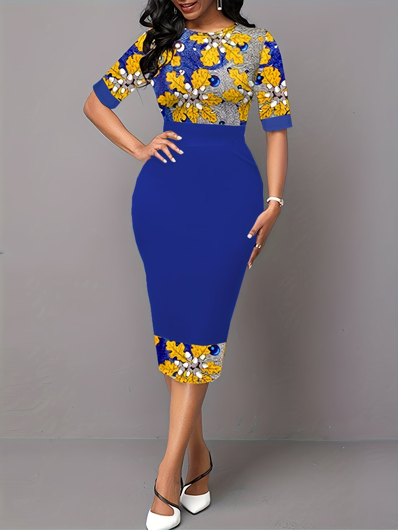 Striped & Floral Bodycon Dress Short Sleeve Crew Neck Spring Summer