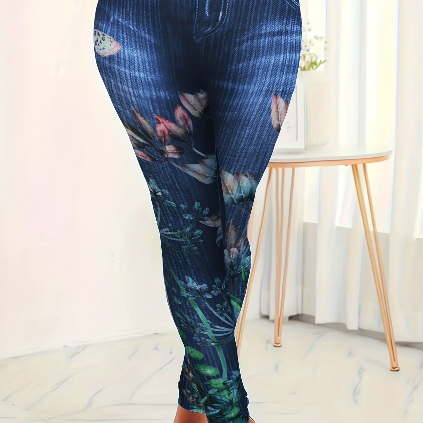 Women's Plus Floral Denim Print High Rise Leggings