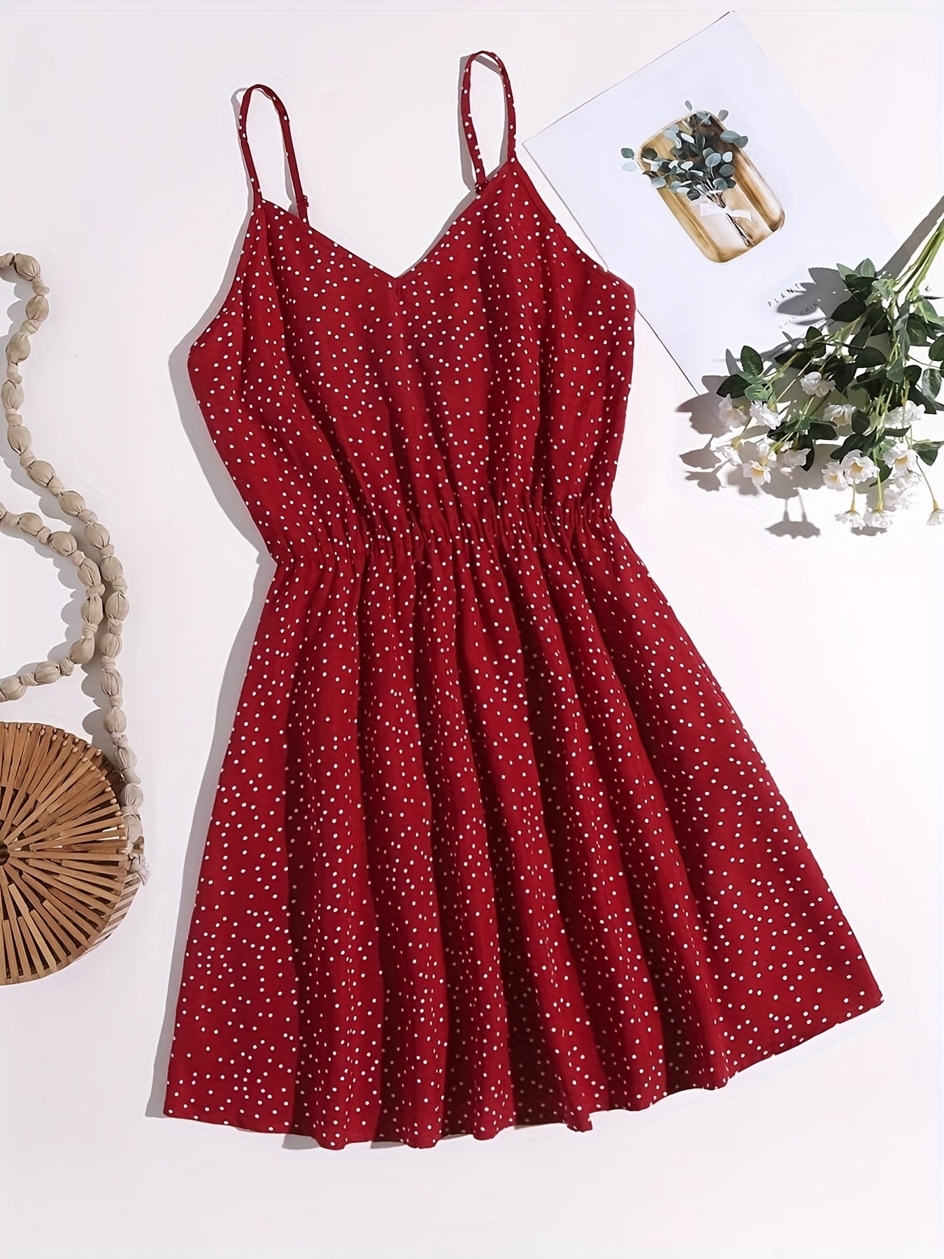 Polka Dot Spaghetti Strap Dress Casual V neck Backless Cami Dress
