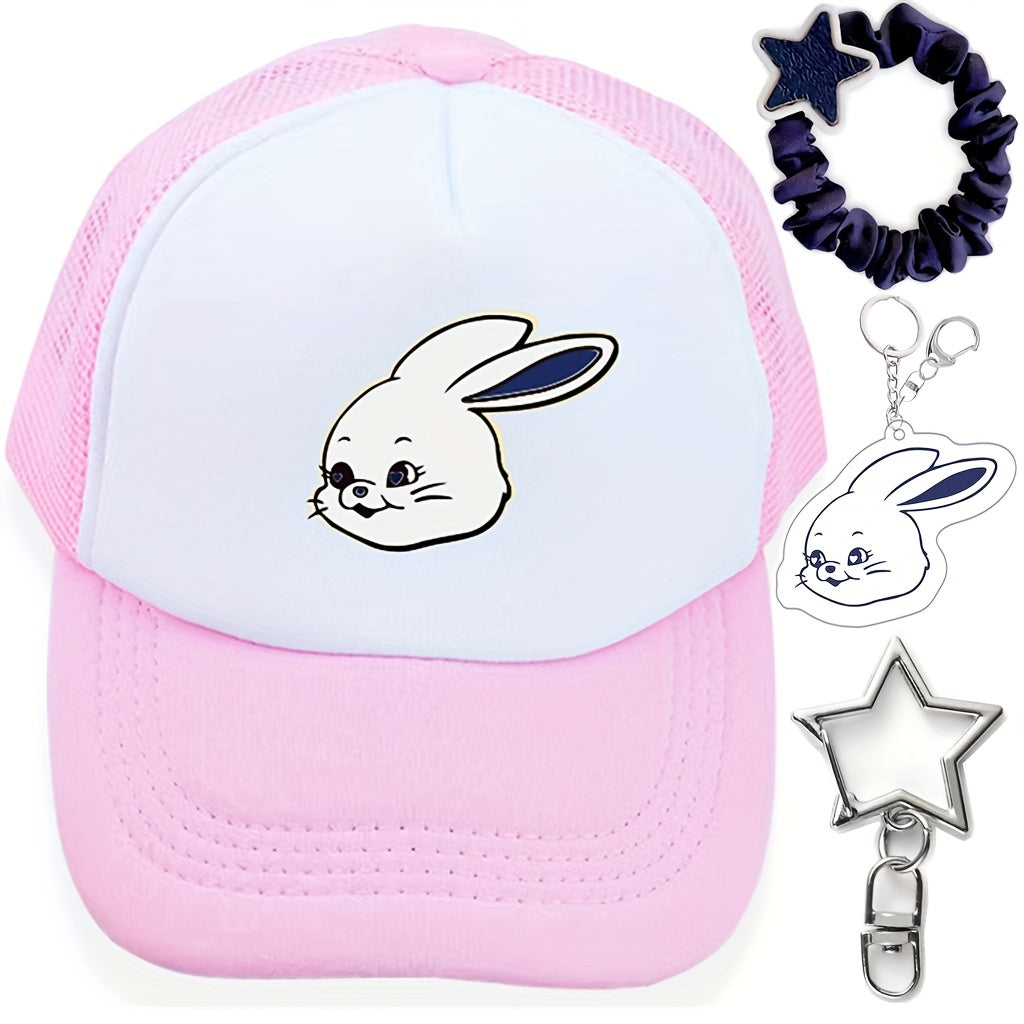 4pc Rabbit Y2K Pink Trucker Hats + 3 Hair Tie Key Ring Star Pe