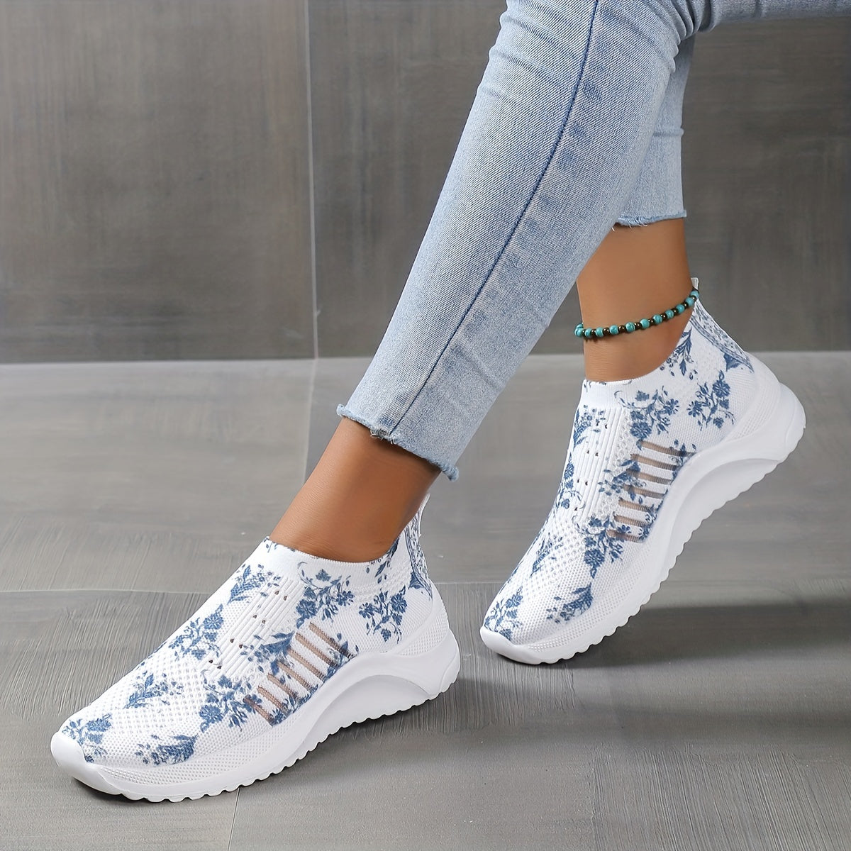 Floral Printed Flatform Sneakers Slip On Sock Knit Shoes