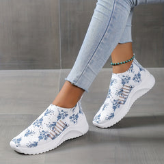 Floral Printed Flatform Sneakers Slip On Sock Knit Shoes