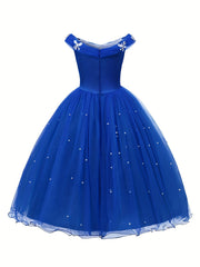 Girls Off Shoulder Tulle Princess Dress with Artificial Diamond and Pearl Decor