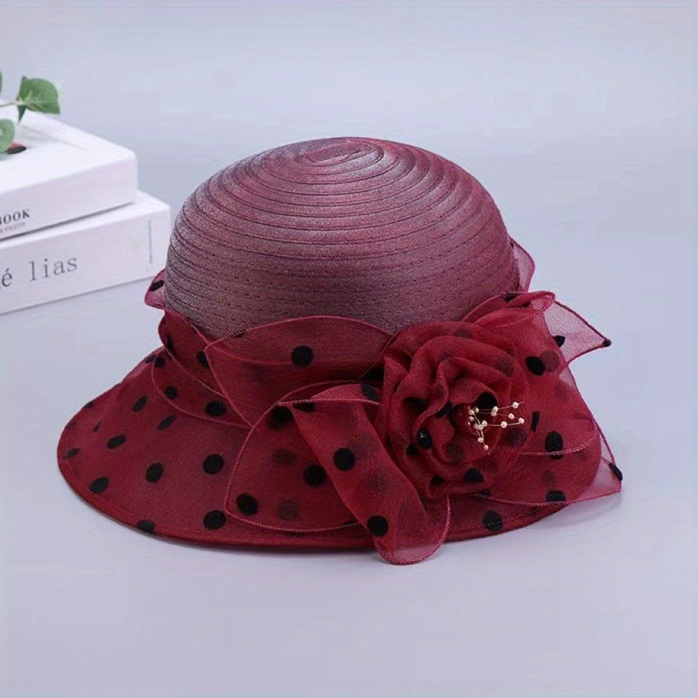 Polka Dot Organza Bucket Hat Flower Decor Sun Hats