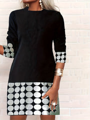 Colorblock Geo Print Long Sleeve Round Neck Dress