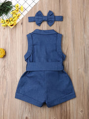 Girls Denim Romper Belted Jumpsuit & Headband Set