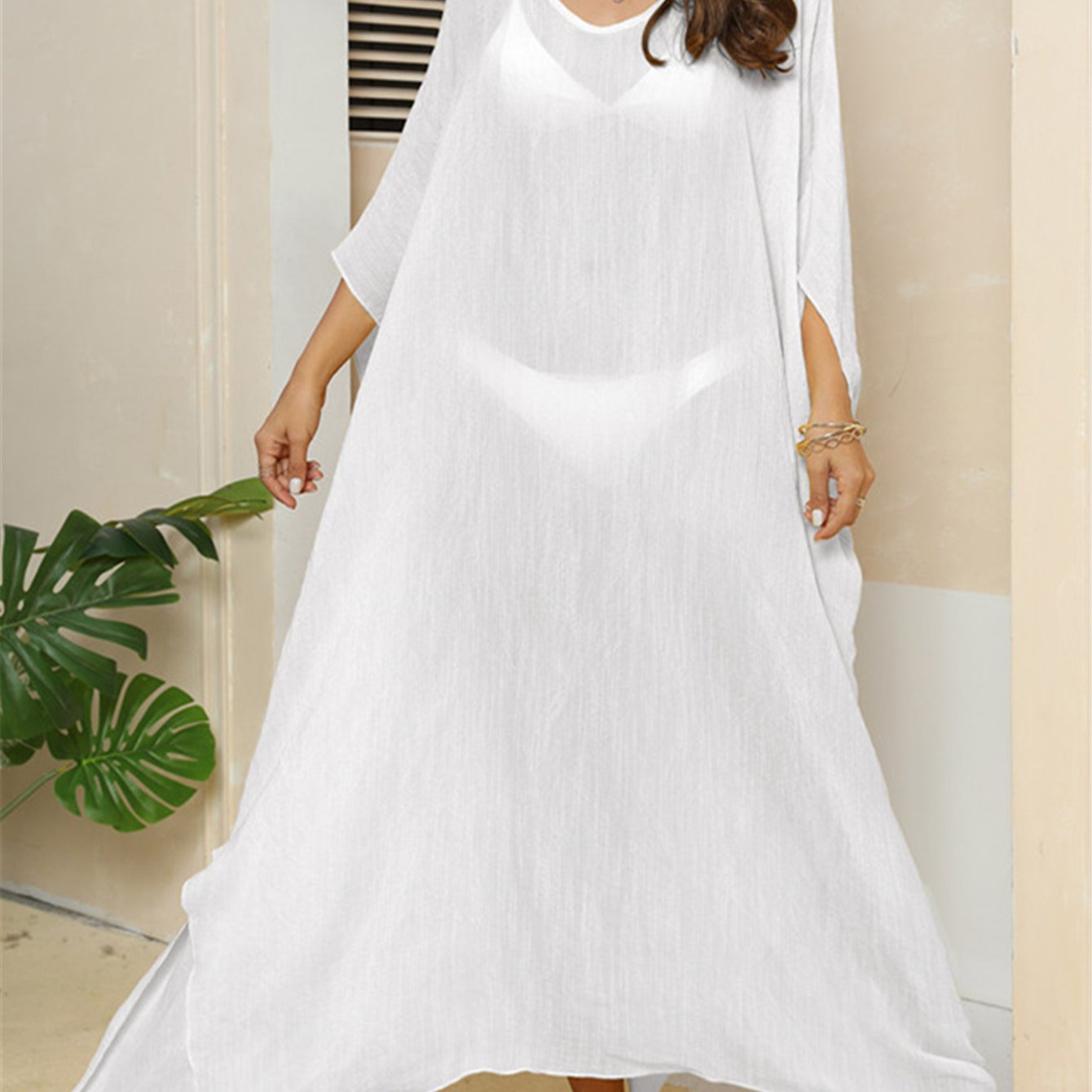 V Neck Sheer Cover Up Dress Loose Fit Beachwear