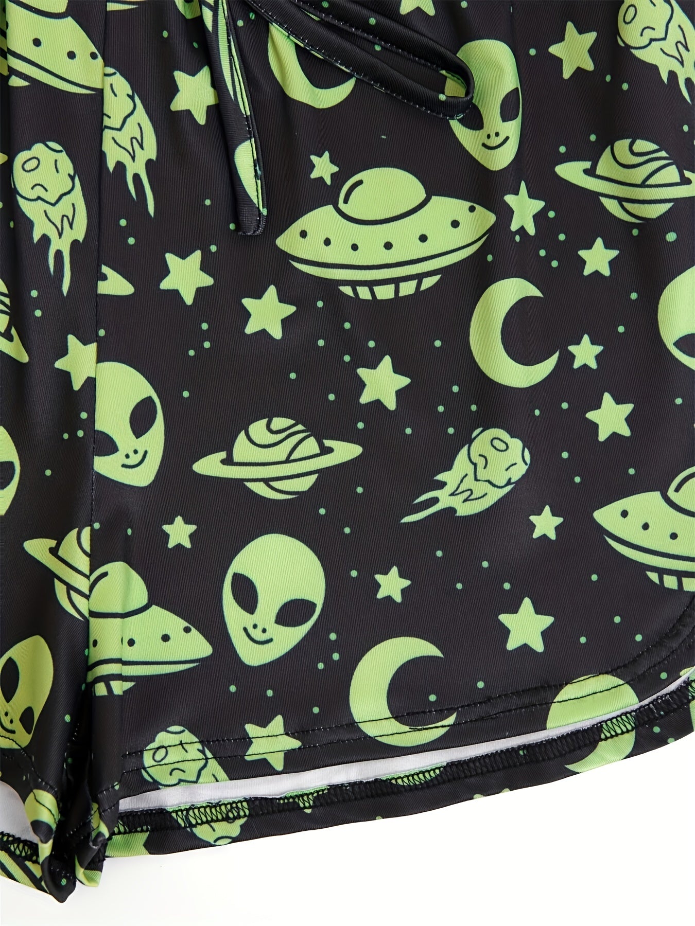 Spaceship & Alien Print Drawstring Shorts for Women