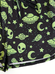Spaceship & Alien Print Drawstring Shorts for Women