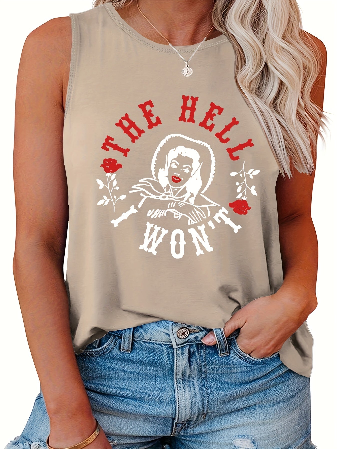 Casual Tank Top Women's Plus Cartoon Figure & Letter Print