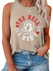Casual Tank Top Women's Plus Cartoon Figure & Letter Print