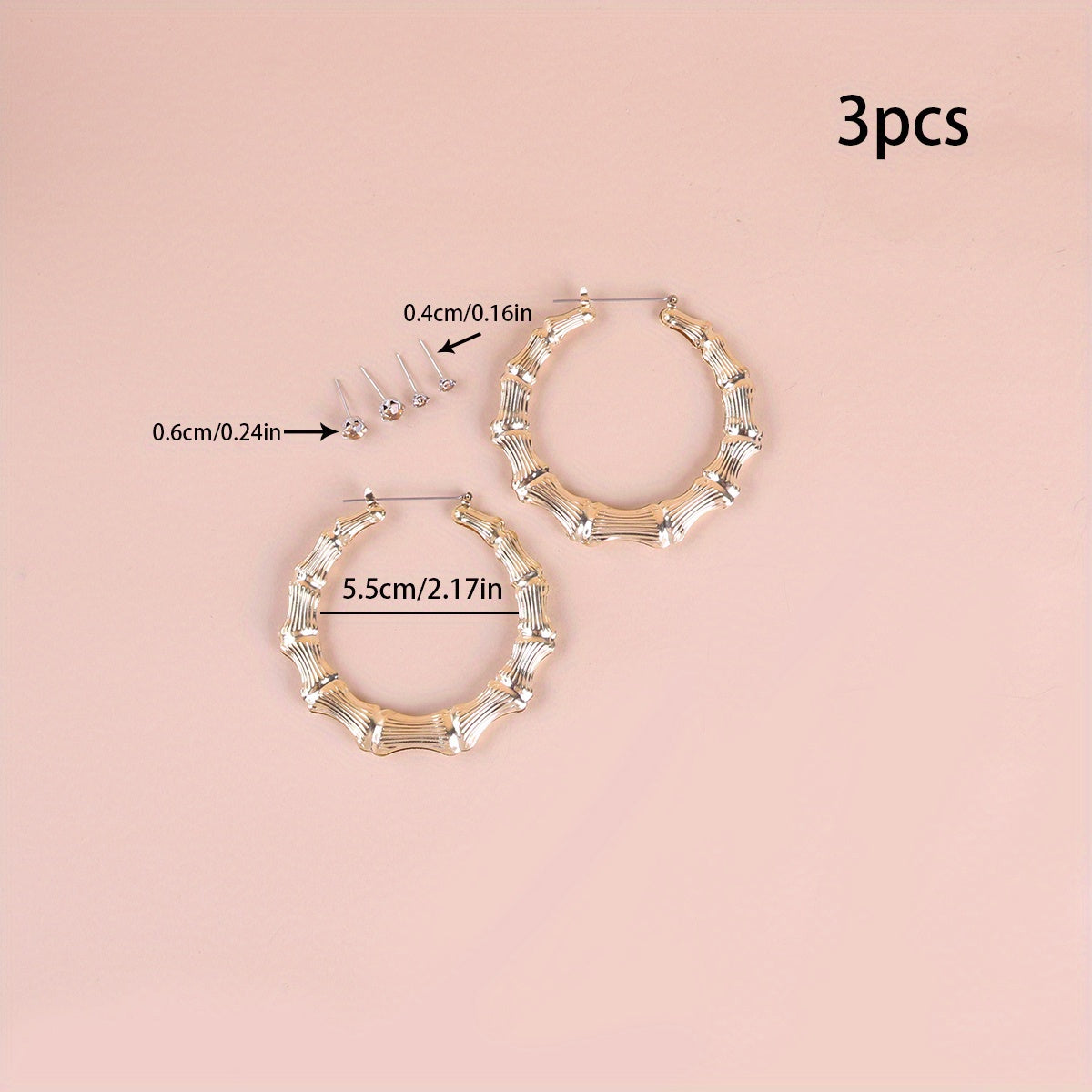 3 Pairs Punk Big Hoop & Rhinestone Stud Earrings Set