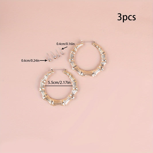 3 Pairs Punk Big Hoop & Rhinestone Stud Earrings Set