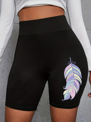 Feather Print Skinny Shorts High Waist Casual Shorts