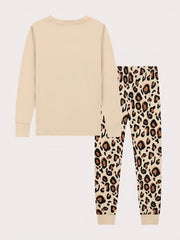 Leopard Pattern Pajamas Long Sleeve Top & Pants Set Heart Print Loungewear