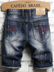 Men's Ripped Splash Print Denim Jeans Vintage Royal Straight Fit Shorts