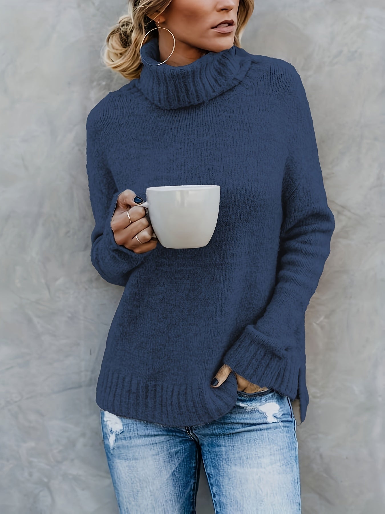 Solid Turtle Neck Pullover Sweater Long Sleeve Split Sweater