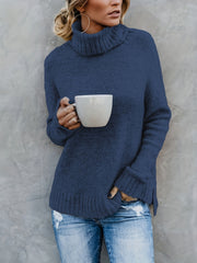 Solid Turtle Neck Pullover Sweater Long Sleeve Split Sweater