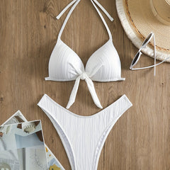 Striped Texture Halter V Neck Bikini Set Two Pieces Swimsuit