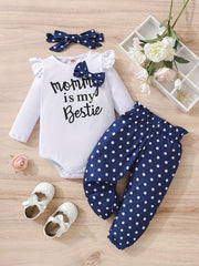3pcs Baby Girls Casual Mommy Is My Bestie Onesie & Pants Set