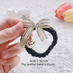 Golden Bead Rhinestone Bow Scrunchies Hair Ties Ponytail Holder