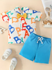 Boys Colorful Letter Pattern Casual Outfit Shirt & Shorts Set