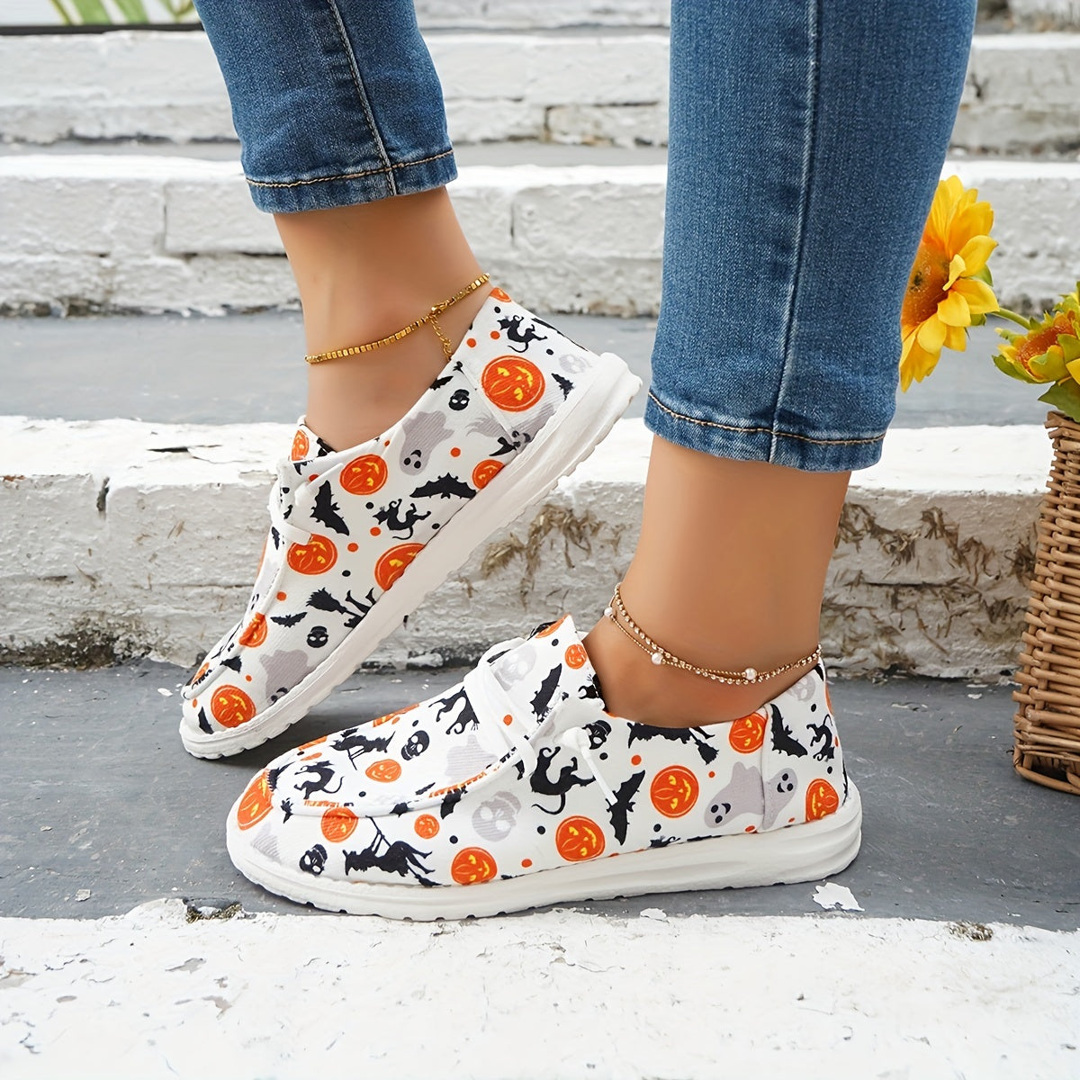 Women's Halloween Pumpkin Skull Print Flats Slip On Loafers