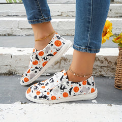 Women's Halloween Pumpkin Skull Print Flats Slip On Loafers
