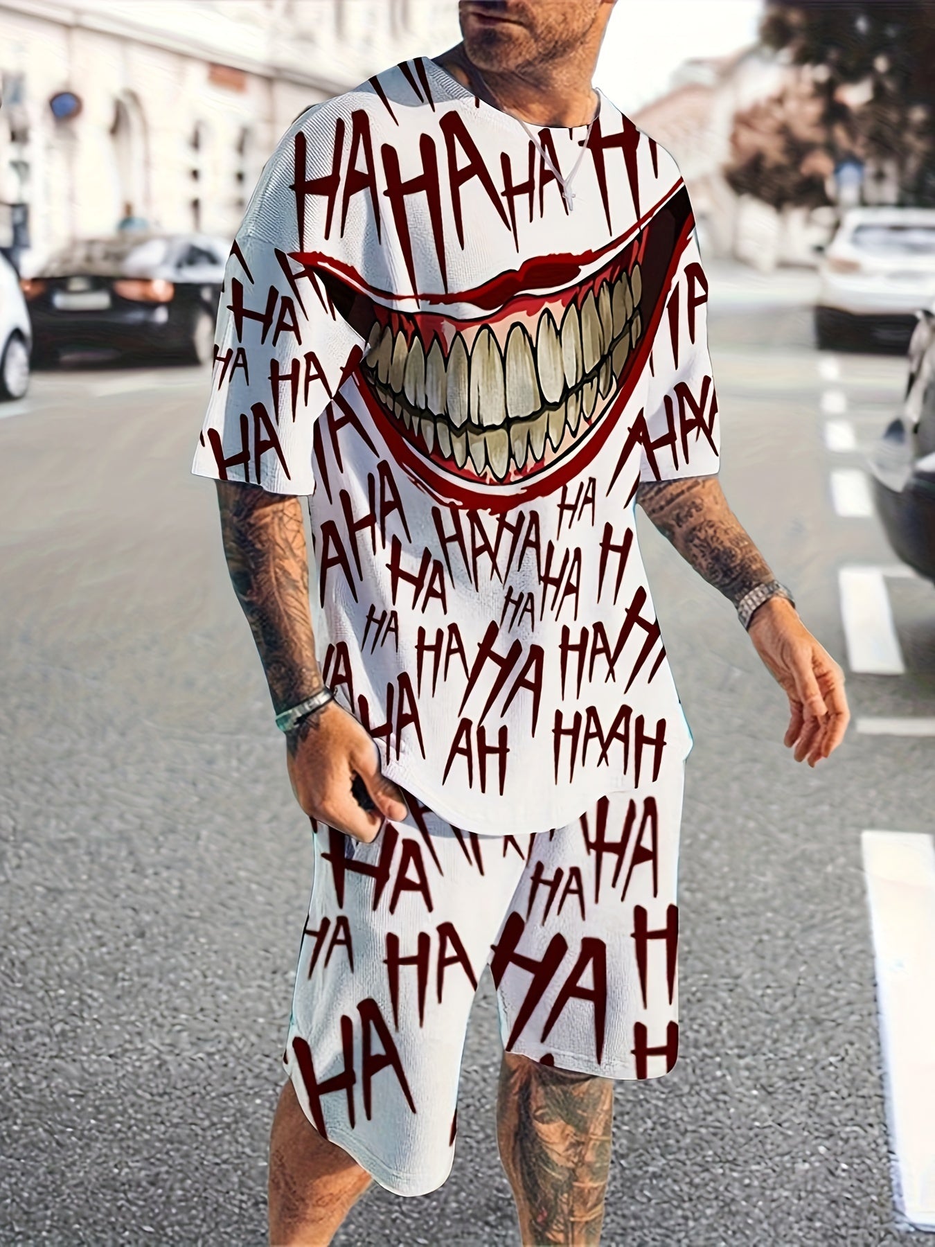 Men's Grimace Print T-shirt & Shorts Set for Sports