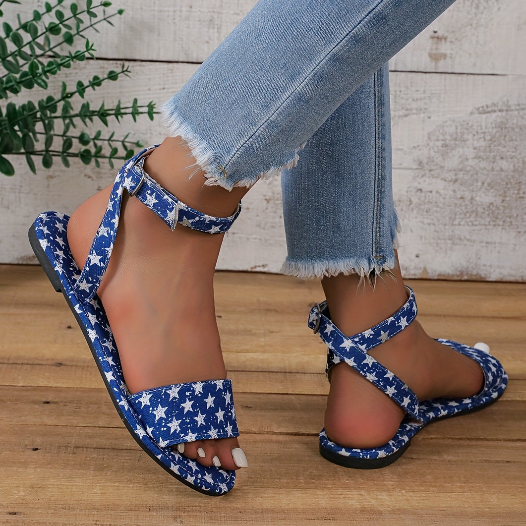 Women's Star Pattern Flat Sandals Casual Buckle Strap Summer Sandals