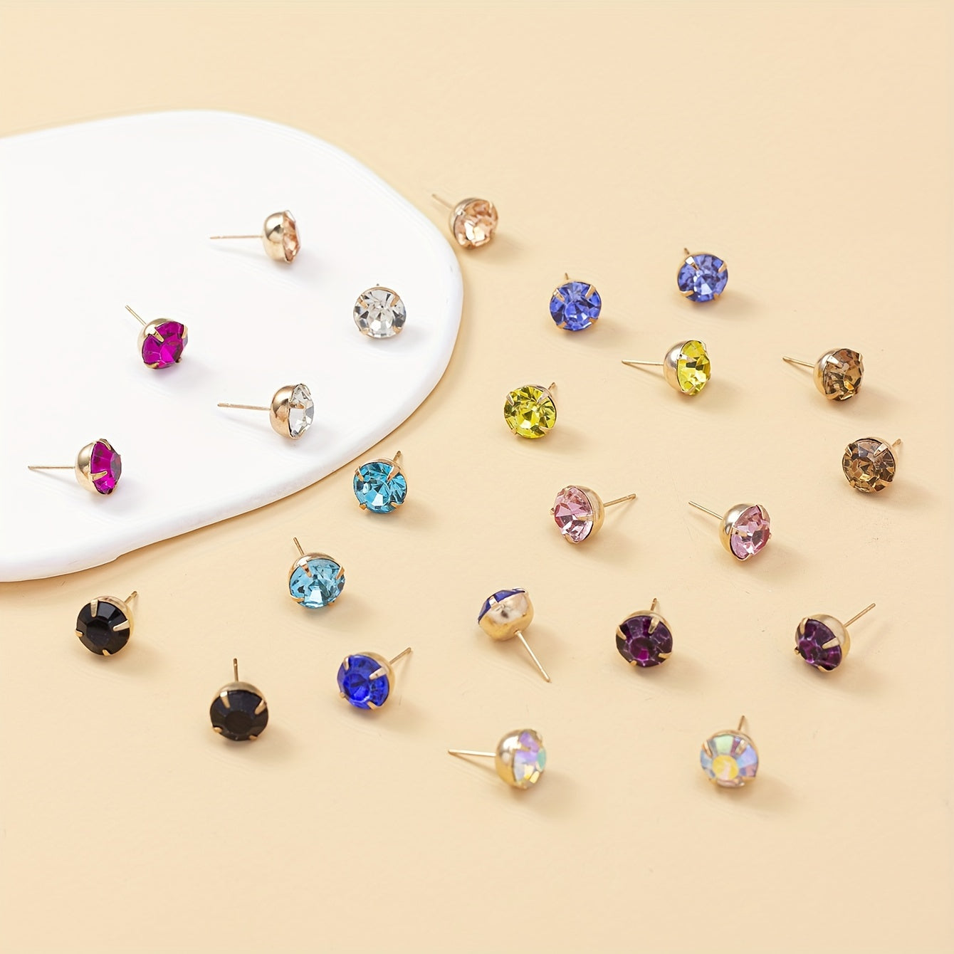 12 Pairs Colorful Rhinestone Stud Earrings Stainless Steel Jewelry