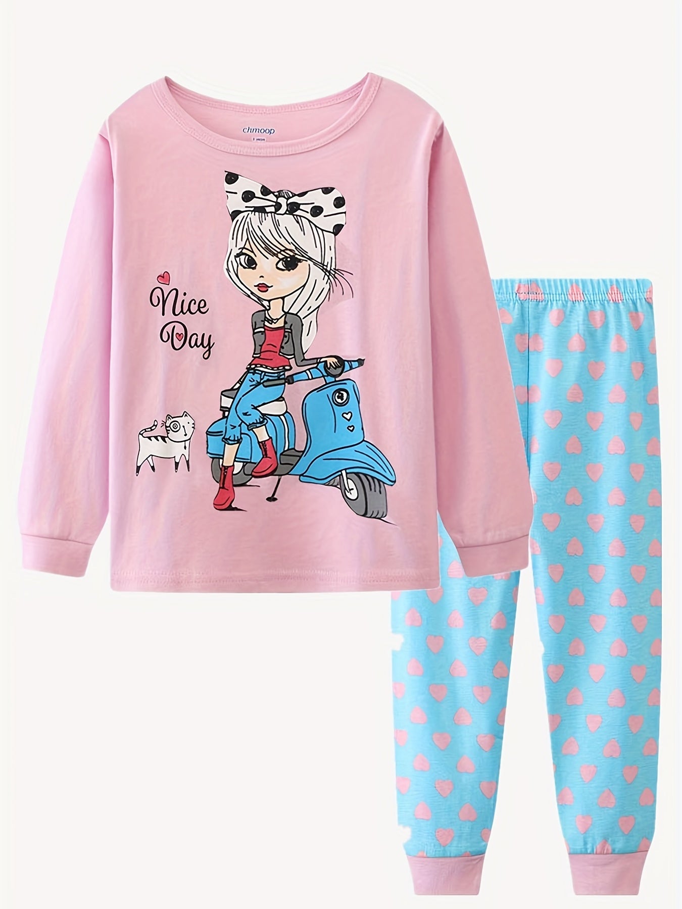 Girls Biker Girl Print Long Sleeve Top & Heart Print Trousers Cotton Pajamas Set