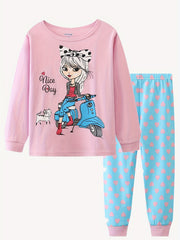 Girls Biker Girl Print Long Sleeve Top & Heart Print Trousers Cotton Pajamas Set