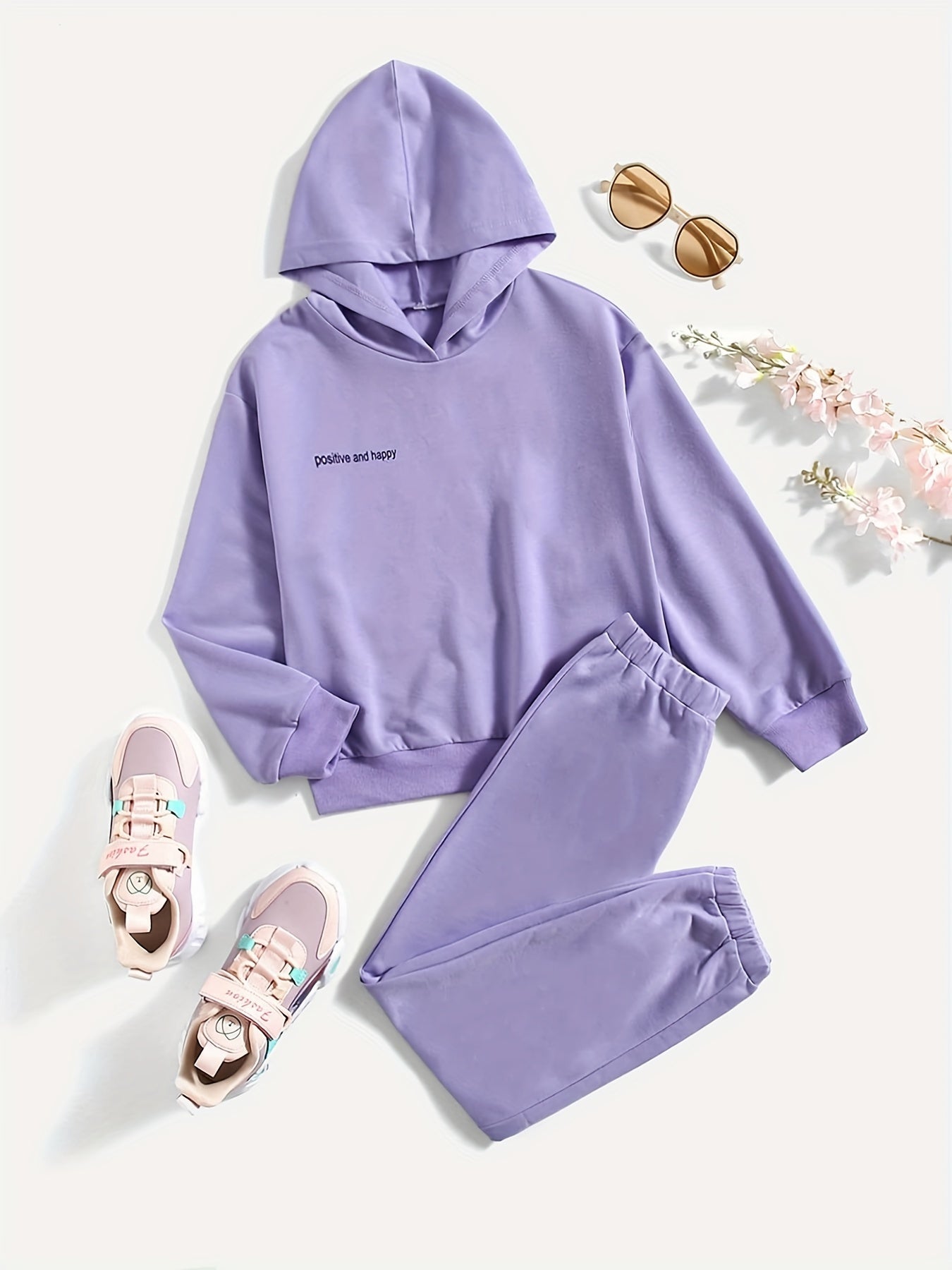 Girl's Positive & Happy 2pcs Hoodie & Sweatpants Set for Spring Fall