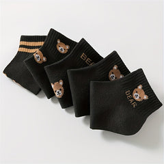 5 Pairs Cartoon Bear Print Socks & Crew Short Socks Women's Stockings