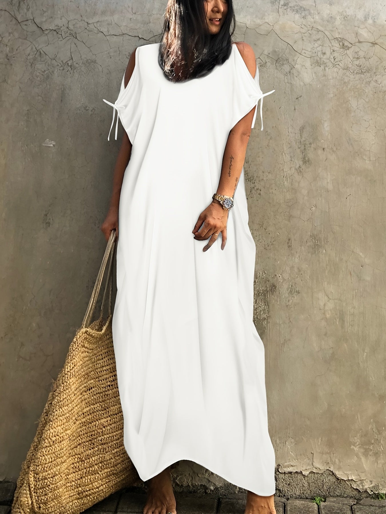 V Neck Cover Up Dress Loose Fit Tie Side Solid Beachwear Kaftan Women's Swimwear