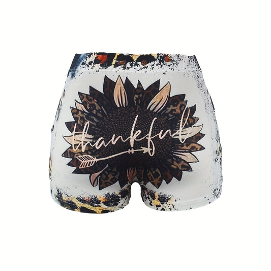 Letter & Sunflower Print Skinny Shorts For Women
