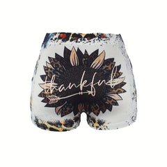 Letter & Sunflower Print Skinny Shorts For Women