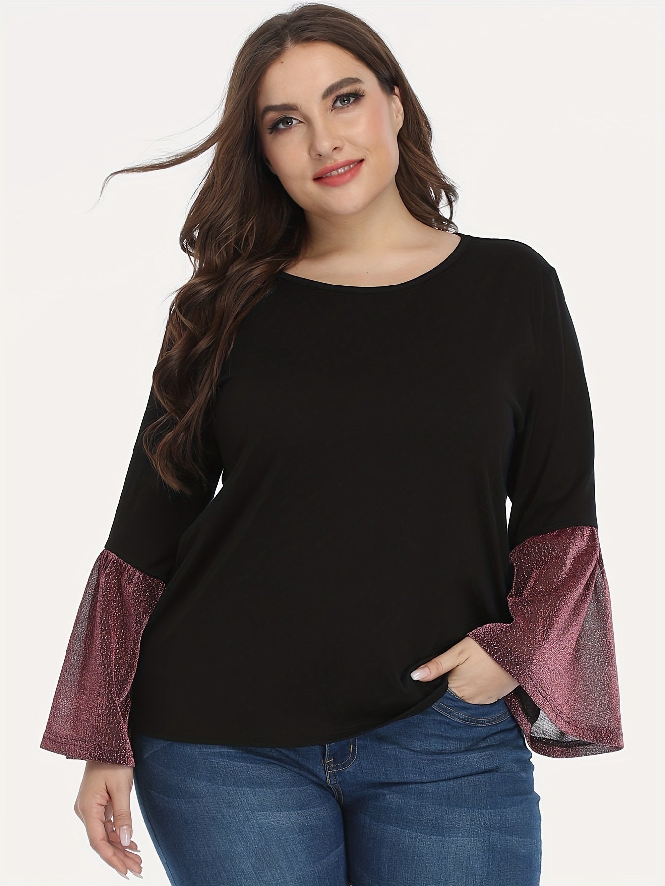 Colorblock Glitter Bell Sleeve Round Neck Top