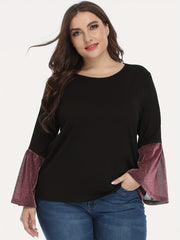 Colorblock Glitter Bell Sleeve Round Neck Top