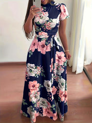 Vintage Floral Maxi Dress High Waist Short Sleeve