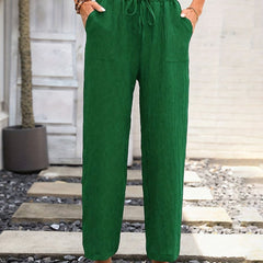 Solid Pocket Straight Leg Pants Tie Waist Casual