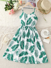 Girls Tropical Leaves Print Summer Dress Elastic Waist A-line Swing Sundress