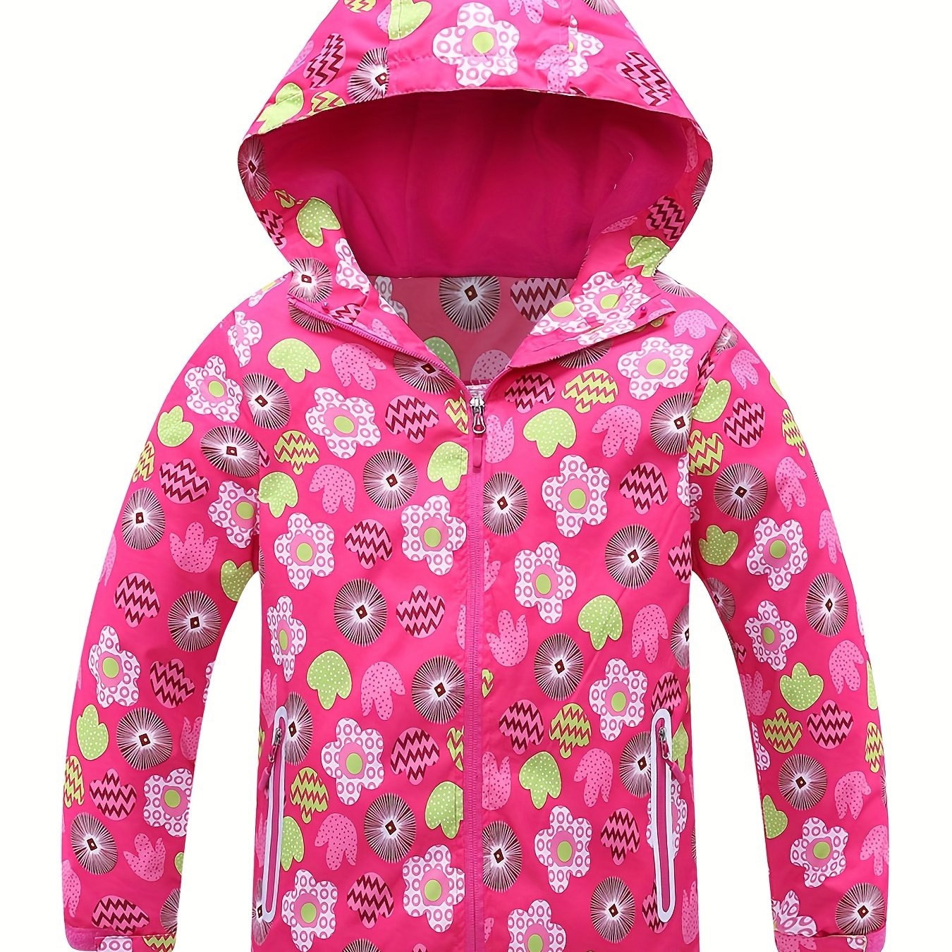 Toddler Girls Flowers Hooded Jacket Waterproof Windproof Zipper Coat