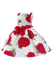 Girls Princess Dress Floral Print Bow Pageant Gown Christmas Birthday Party