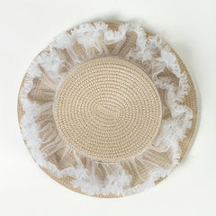 Khaki Lace Sun Hat with Faux Pearl M Detail
